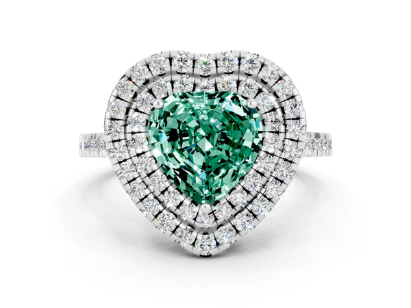 Platinum Double Halo Heart Cut Green Sapphire Pavé Band with Four-Prong Setting