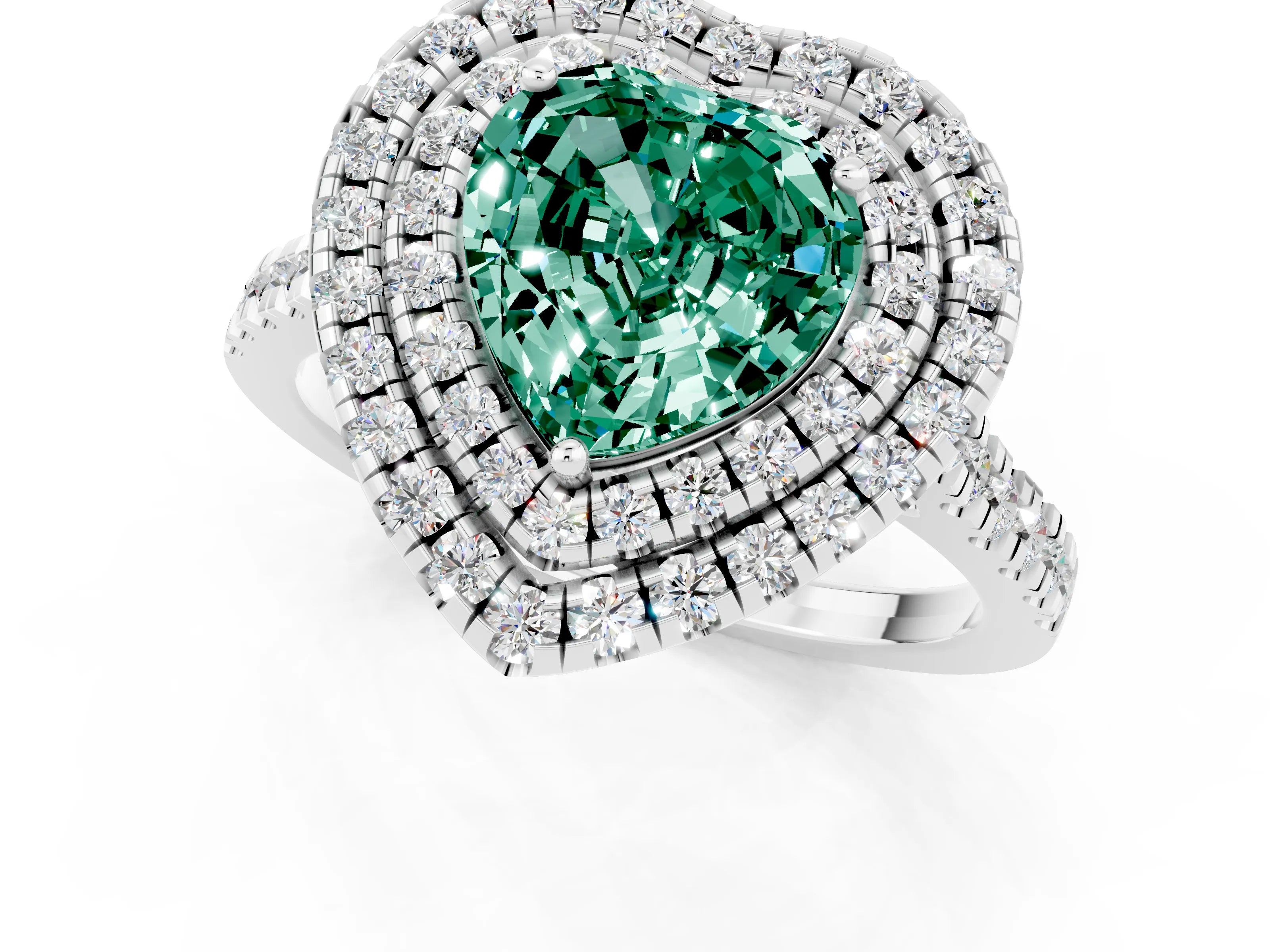 White gold Double Halo Heart Cut Green Sapphire Pavé Band with Four-Prong Setting_1