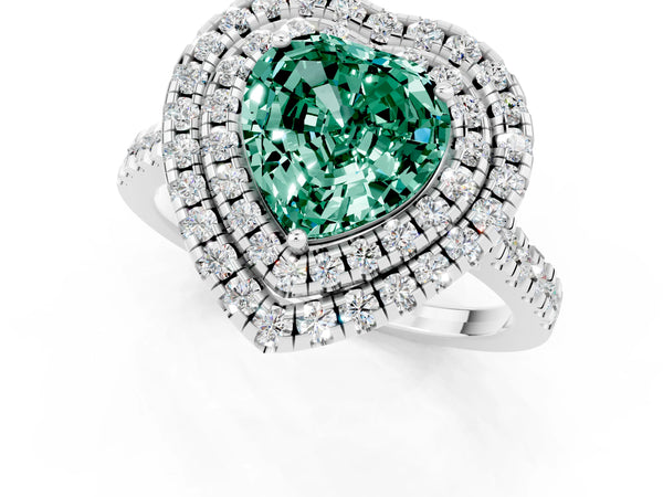 Silver Double Halo Heart Cut Green Sapphire Pavé Band with Four-Prong Setting