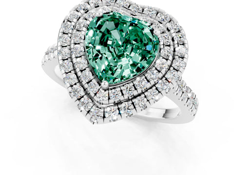 White gold Double Halo Heart Cut Green Sapphire Pavé Band with Four-Prong Setting_1