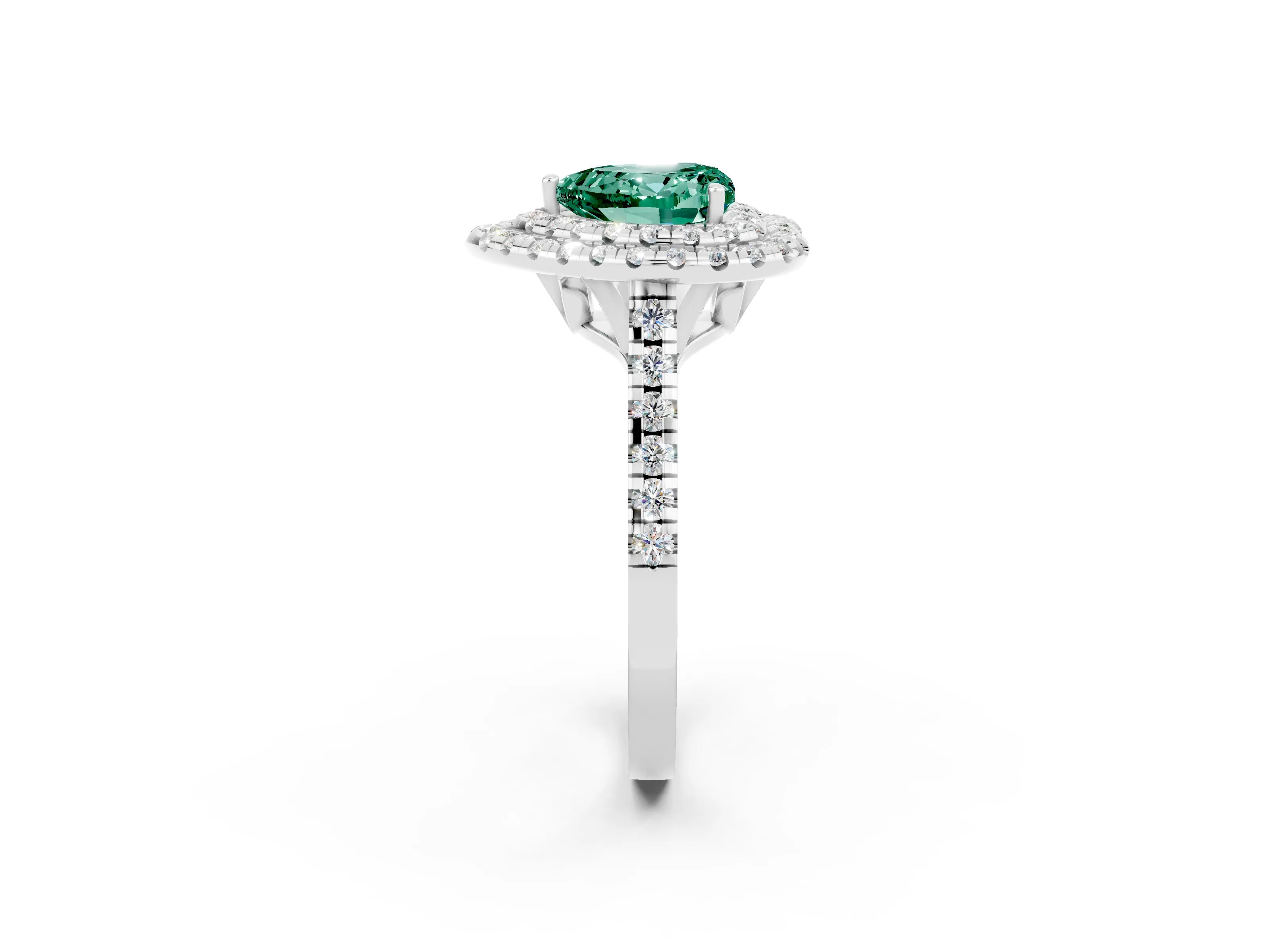 White gold Double Halo Heart Cut Green Sapphire Pavé Band with Four-Prong Setting_2
