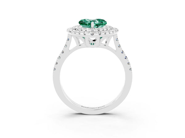 Platinum Double Halo Heart Cut Green Sapphire Pavé Band with Four-Prong Setting