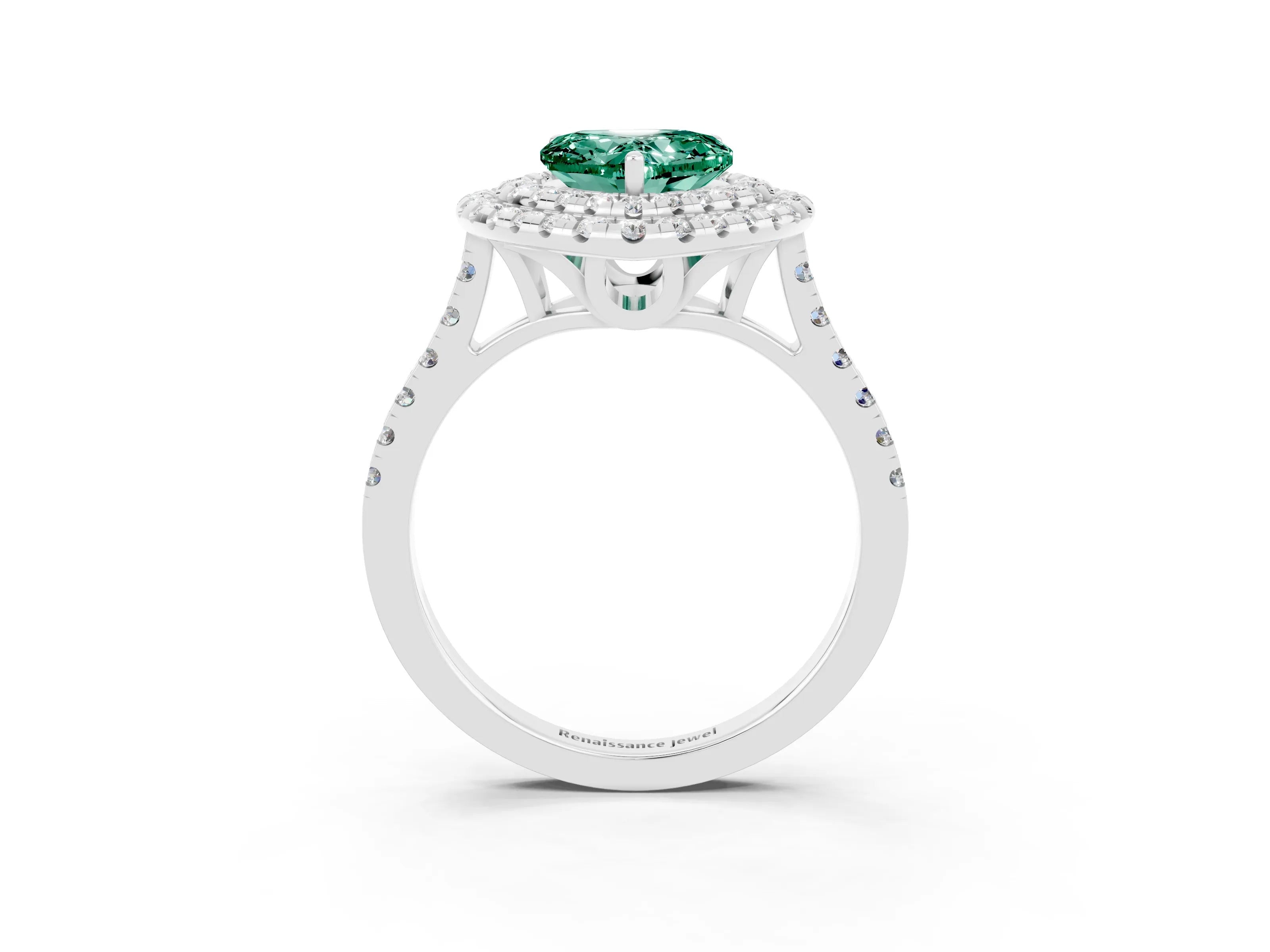 White gold Double Halo Heart Cut Green Sapphire Pavé Band with Four-Prong Setting_3