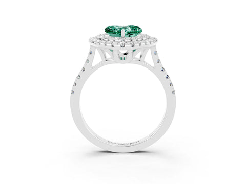 White gold Double Halo Heart Cut Green Sapphire Pavé Band with Four-Prong Setting_3