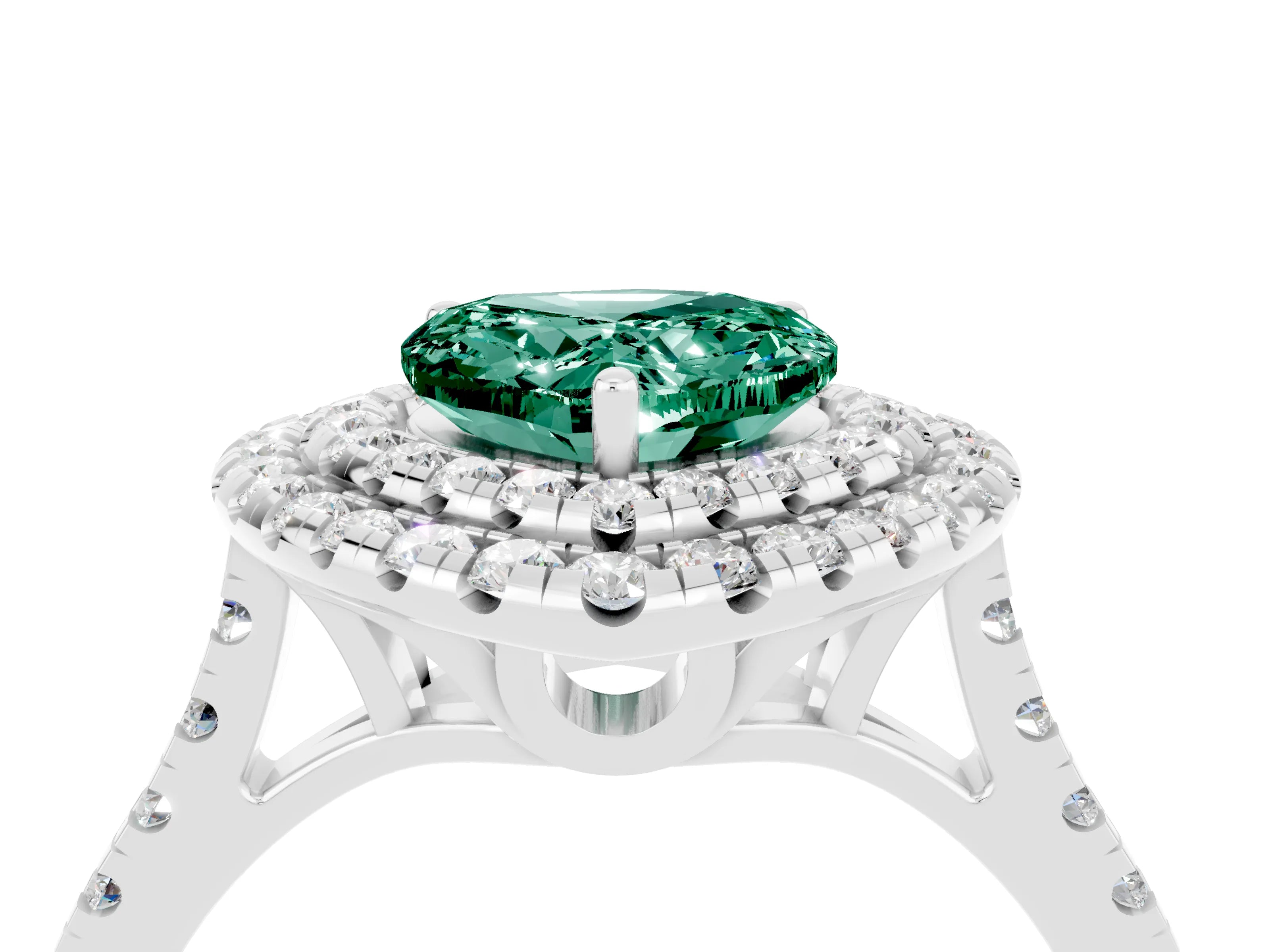 White gold Double Halo Heart Cut Green Sapphire Pavé Band with Four-Prong Setting_4