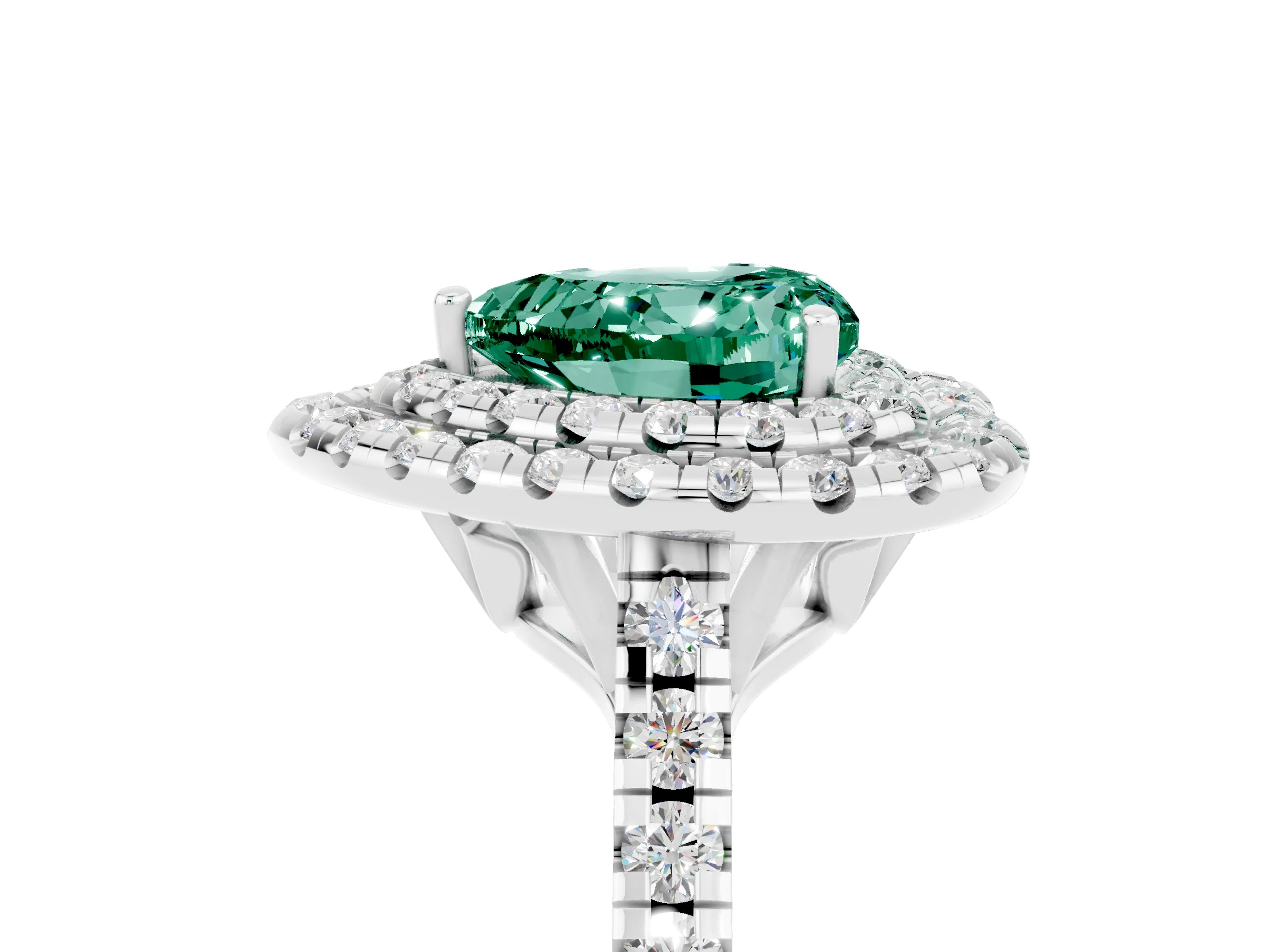 White gold Double Halo Heart Cut Green Sapphire Pavé Band with Four-Prong Setting_5