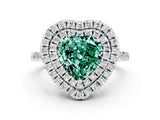 White gold Double Halo Heart Cut Green Sapphire Pavé Band with Four-Prong Setting