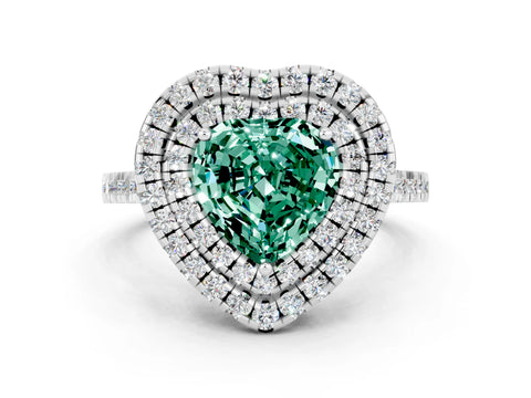 White gold Double Halo Heart Cut Green Sapphire Pavé Band with Four-Prong Setting