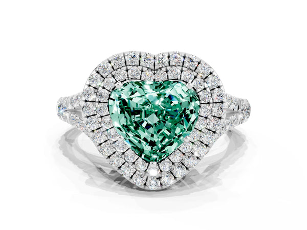 Platinum Double Halo Heart Cut Green Sapphire Pavé Split Shank Ring with Prong Setting