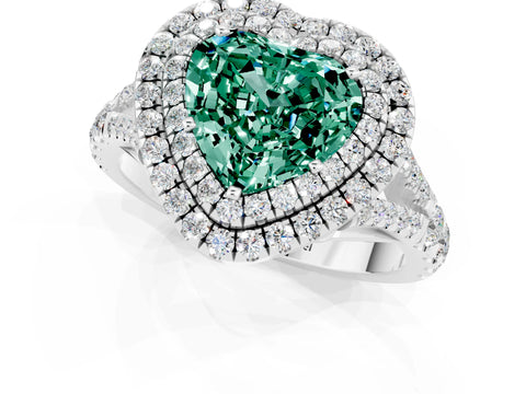 White gold Double Halo Heart Cut Green Sapphire Pavé Split Shank Ring with Prong Setting_1