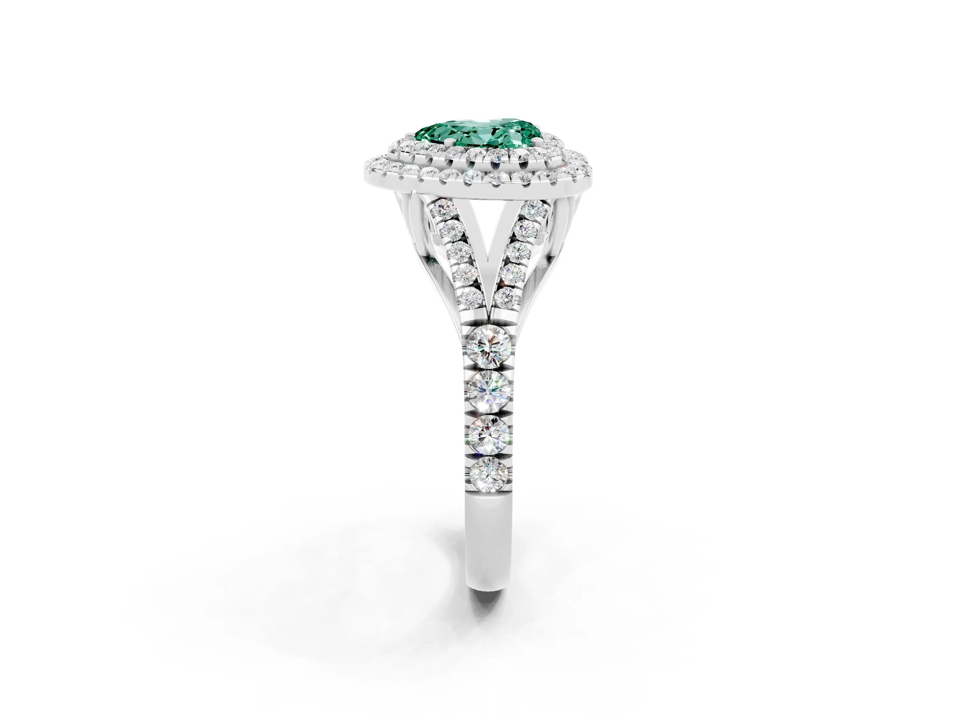 White gold Double Halo Heart Cut Green Sapphire Pavé Split Shank Ring with Prong Setting_2
