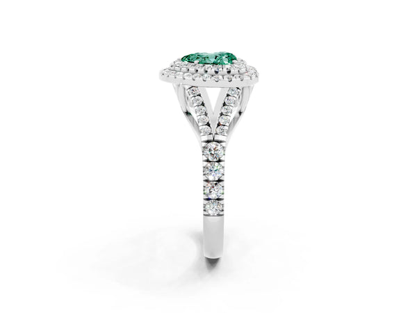 White gold Double Halo Heart Cut Green Sapphire Pavé Split Shank Ring with Prong Setting