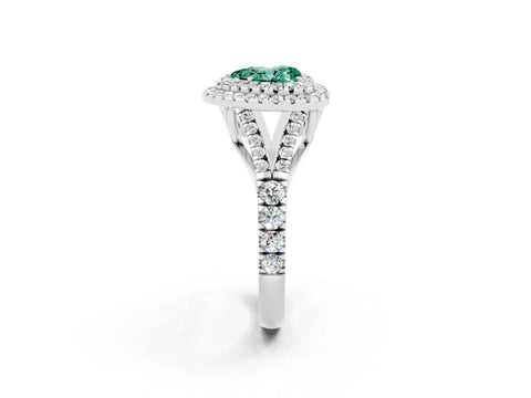 White gold Double Halo Heart Cut Green Sapphire Pavé Split Shank Ring with Prong Setting_2
