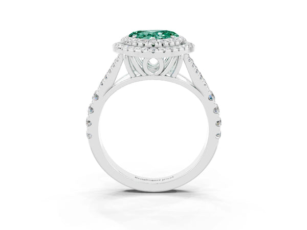 Platinum Double Halo Heart Cut Green Sapphire Pavé Split Shank Ring with Prong Setting