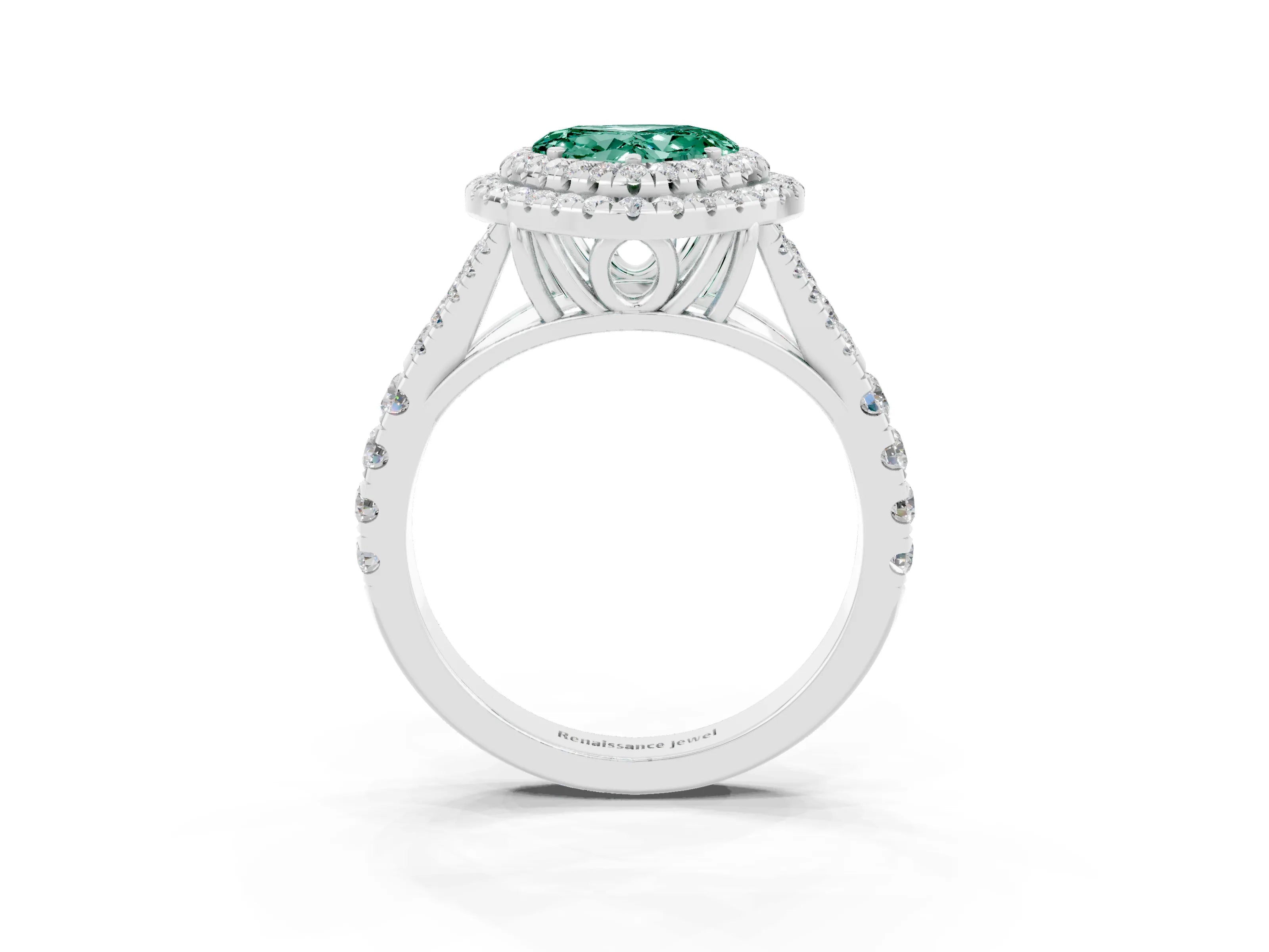 White gold Double Halo Heart Cut Green Sapphire Pavé Split Shank Ring with Prong Setting_3