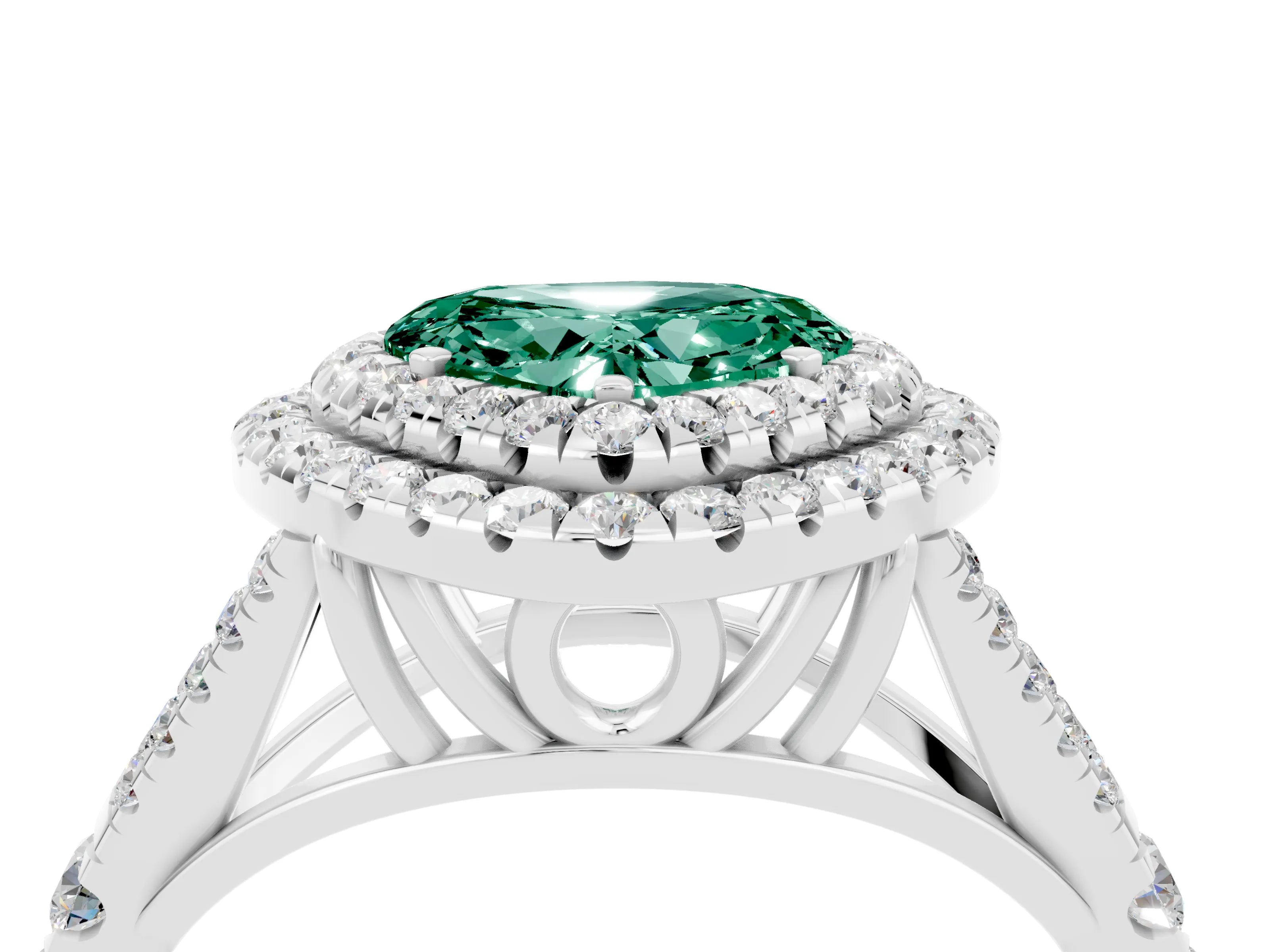 White gold Double Halo Heart Cut Green Sapphire Pavé Split Shank Ring with Prong Setting_4