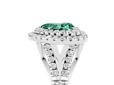 White gold Double Halo Heart Cut Green Sapphire Pavé Split Shank Ring with Prong Setting_5