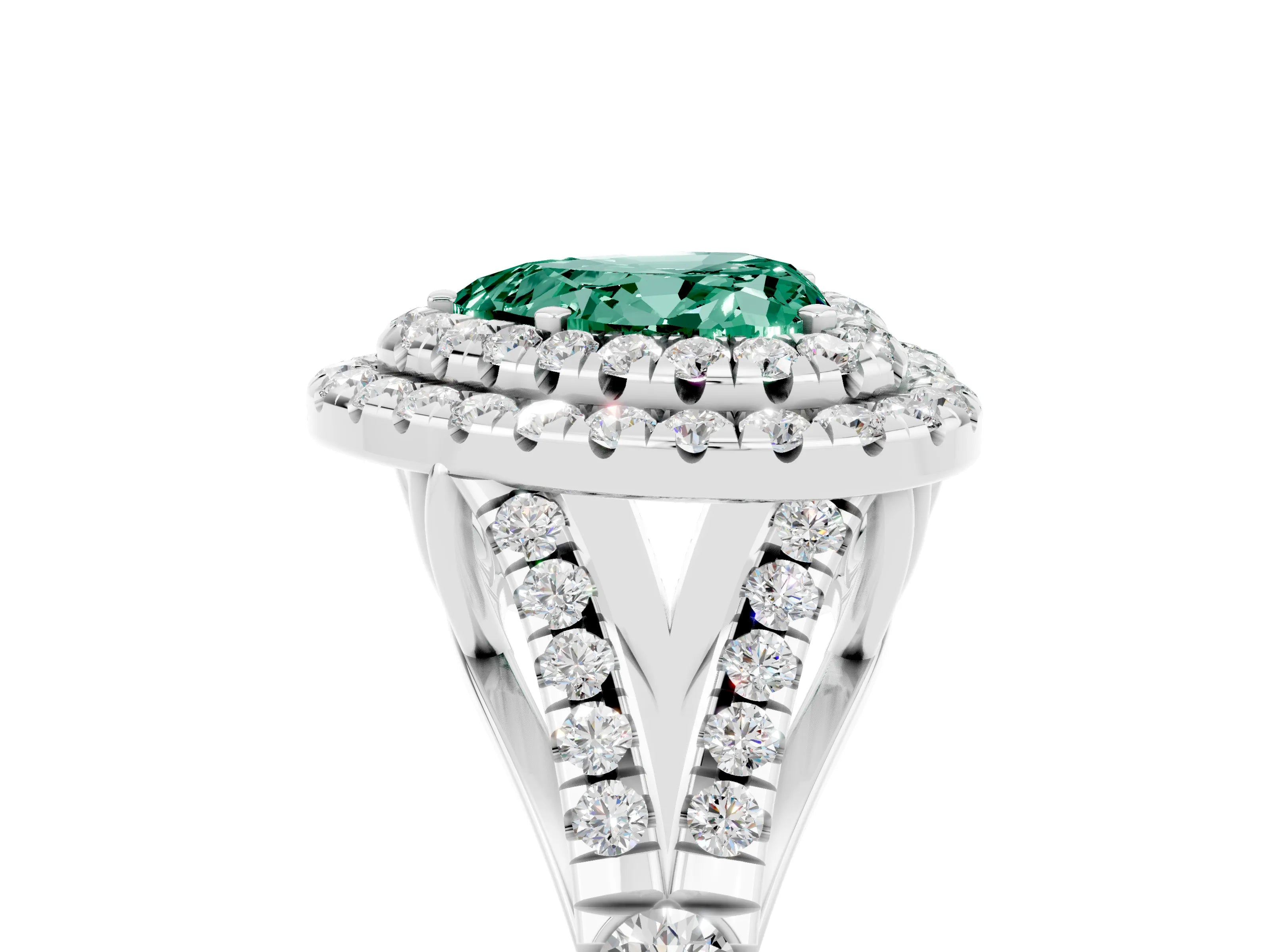White gold Double Halo Heart Cut Green Sapphire Pavé Split Shank Ring with Prong Setting_5