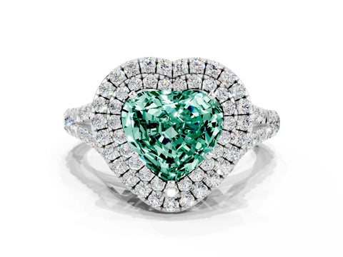 White gold Double Halo Heart Cut Green Sapphire Pavé Split Shank Ring with Prong Setting
