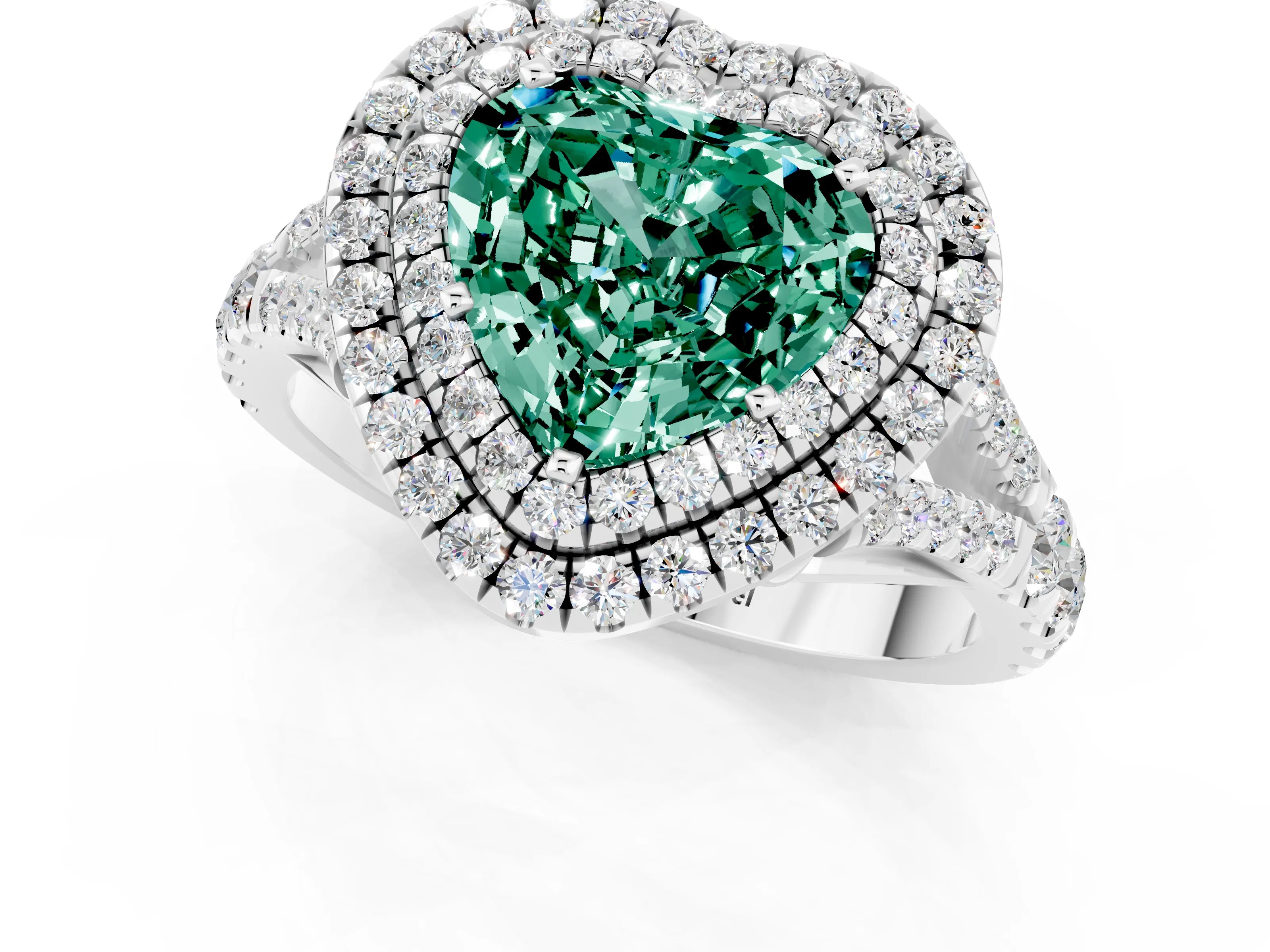 White gold Double Halo Heart Cut Green Sapphire Split Shank Engagement Ring with Four-Prong Setting_1
