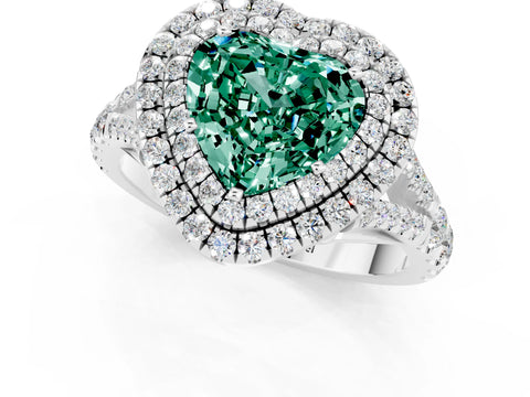 White gold Double Halo Heart Cut Green Sapphire Split Shank Engagement Ring with Four-Prong Setting_1