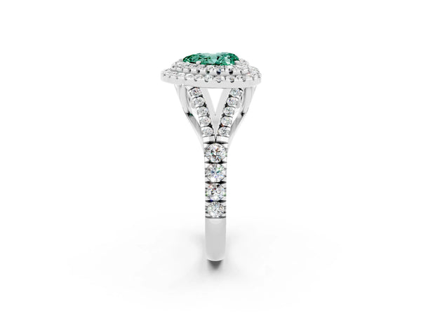 White gold Double Halo Heart Cut Green Sapphire Split Shank Engagement Ring with Four-Prong Setting