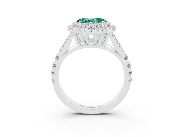 Platinum Double Halo Heart Cut Green Sapphire Split Shank Engagement Ring with Four-Prong Setting