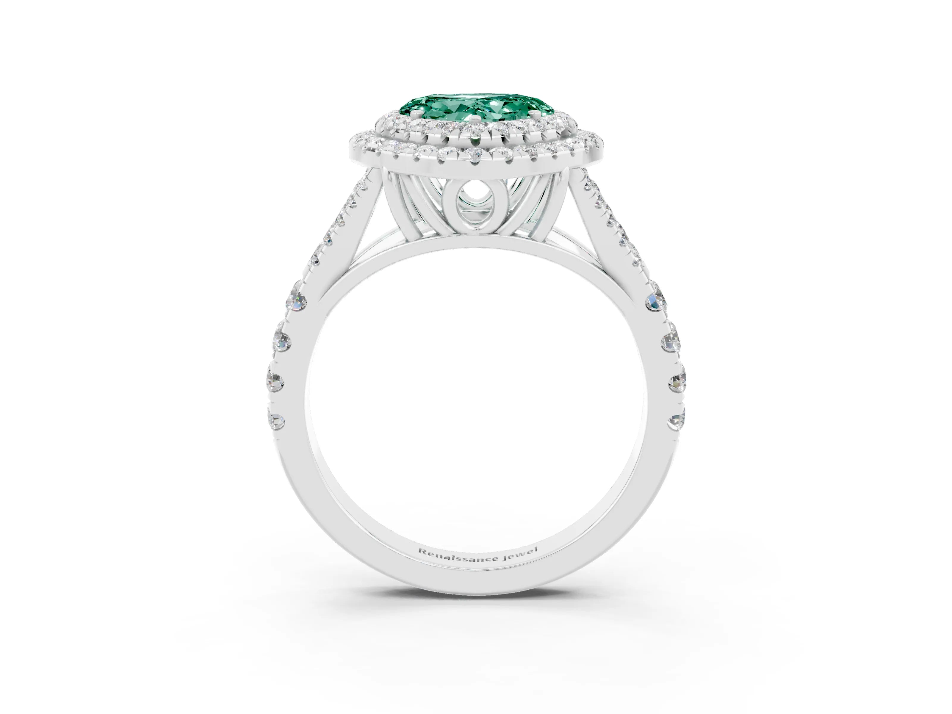 White gold Double Halo Heart Cut Green Sapphire Split Shank Engagement Ring with Four-Prong Setting_3