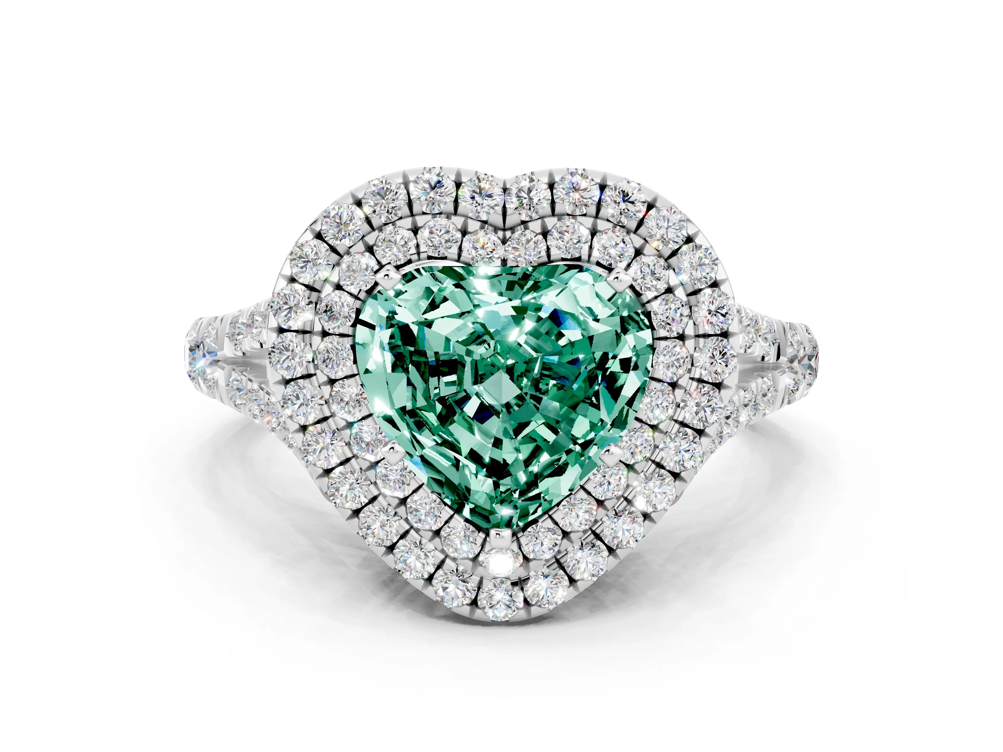 White gold Double Halo Heart Cut Green Sapphire Split Shank Engagement Ring with Four-Prong Setting