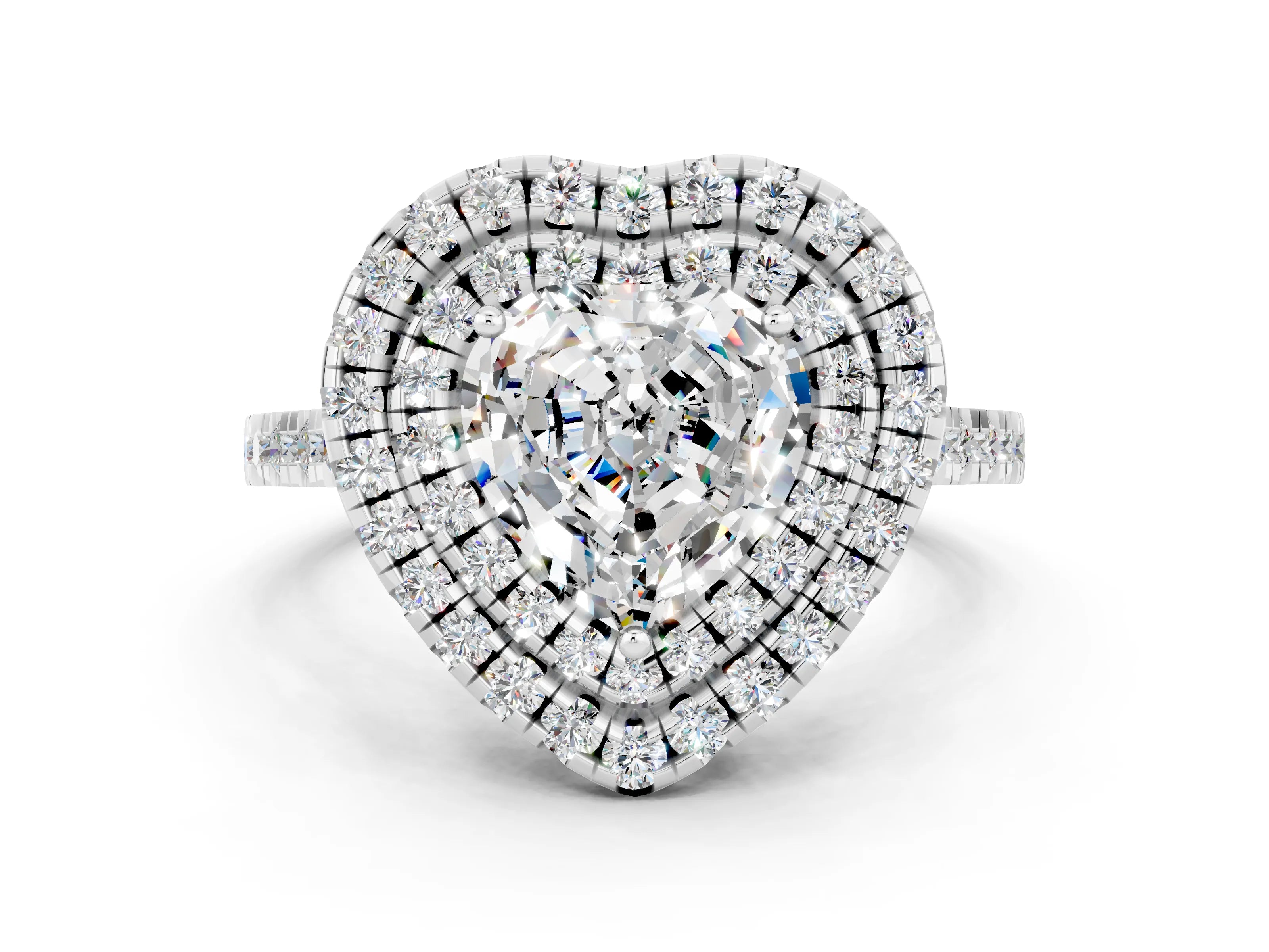 White gold Double Halo Heart Cut Moissanite Pavé Band with Four-Prong Setting