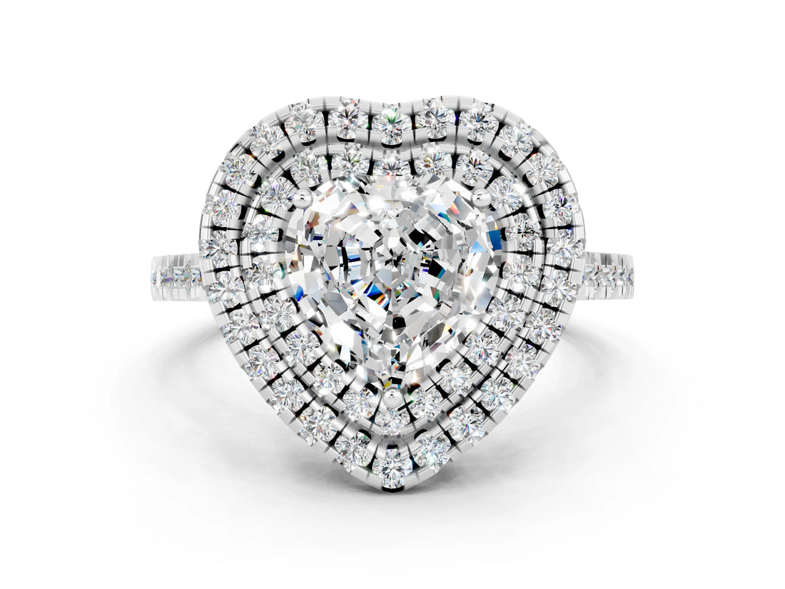 White gold Double Halo Heart Cut Moissanite Pavé Band with Four-Prong Setting