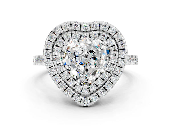Platinum Double Halo Heart Cut Moissanite Pavé Band with Four-Prong Setting