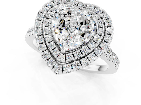 Platinum Double Halo Heart Cut Moissanite Pavé Band with Four-Prong Setting