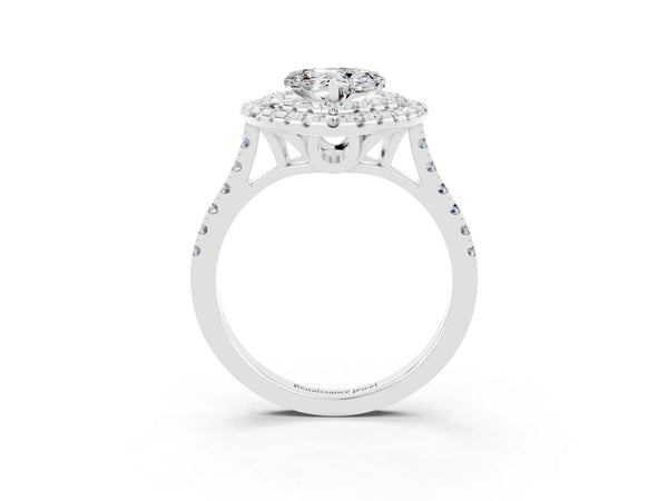 Silver Double Halo Heart Cut Moissanite Pavé Band with Four-Prong Setting