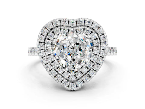 White gold Double Halo Heart Cut Moissanite Pavé Band with Four-Prong Setting