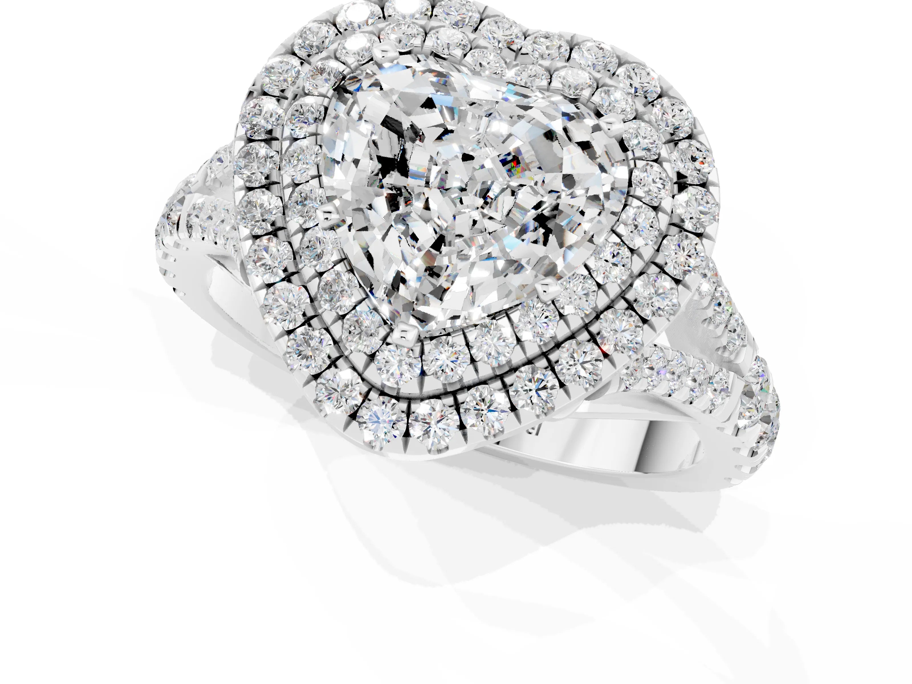 White gold Double Halo Heart Cut Moissanite Pavé Split Shank Ring with Prong Setting_1