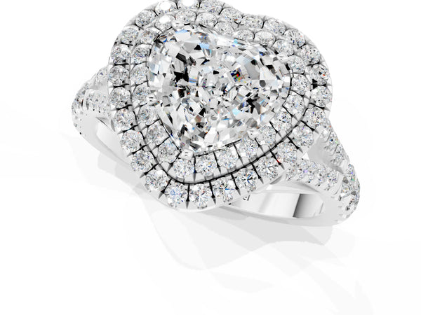 White gold Double Halo Heart Cut Moissanite Pavé Split Shank Ring with Prong Setting