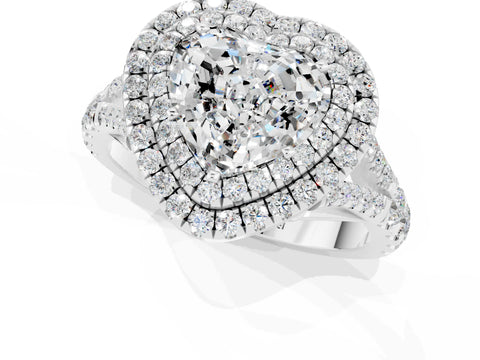 White gold Double Halo Heart Cut Moissanite Pavé Split Shank Ring with Prong Setting_1