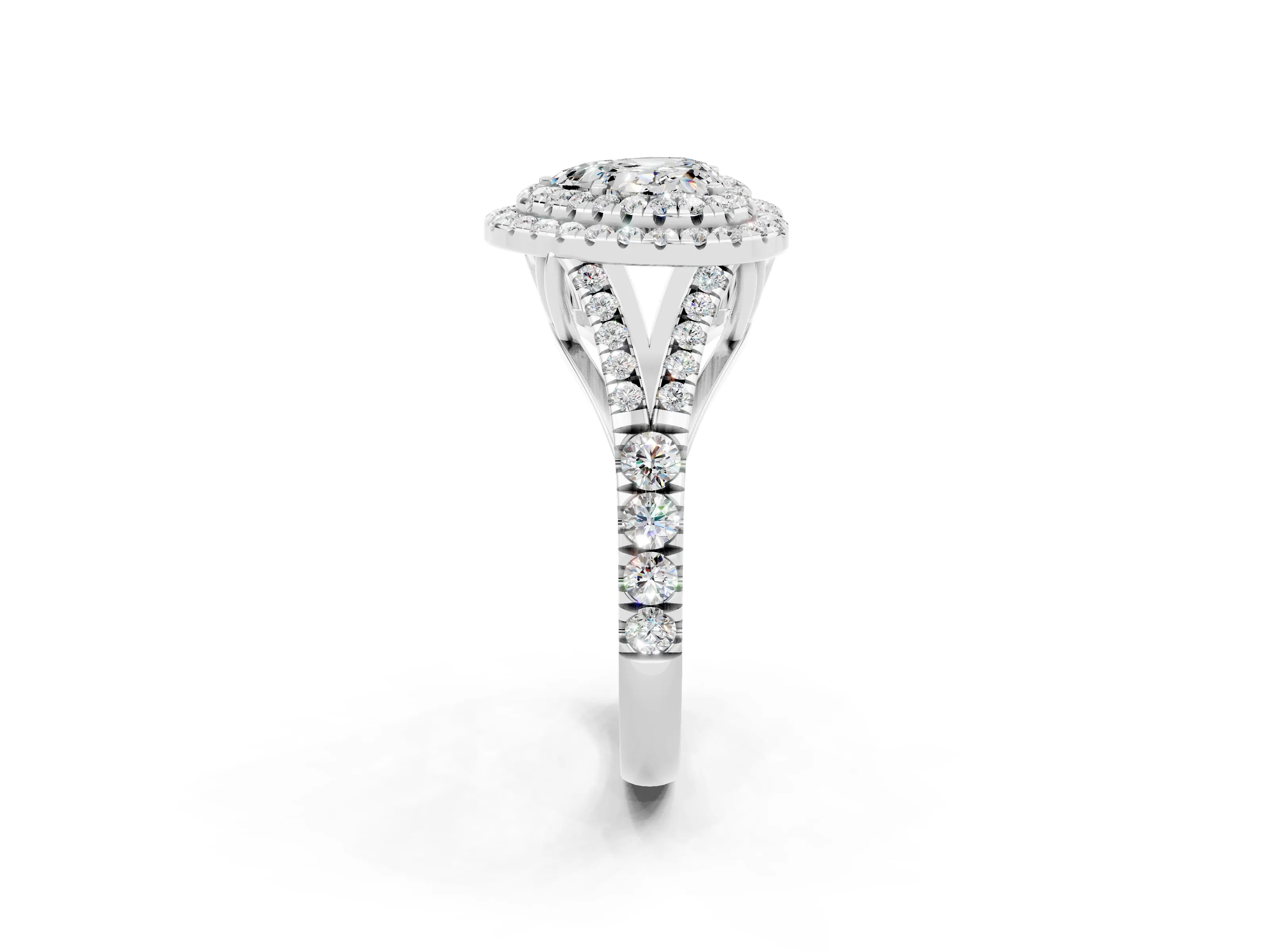White gold Double Halo Heart Cut Moissanite Pavé Split Shank Ring with Prong Setting_2
