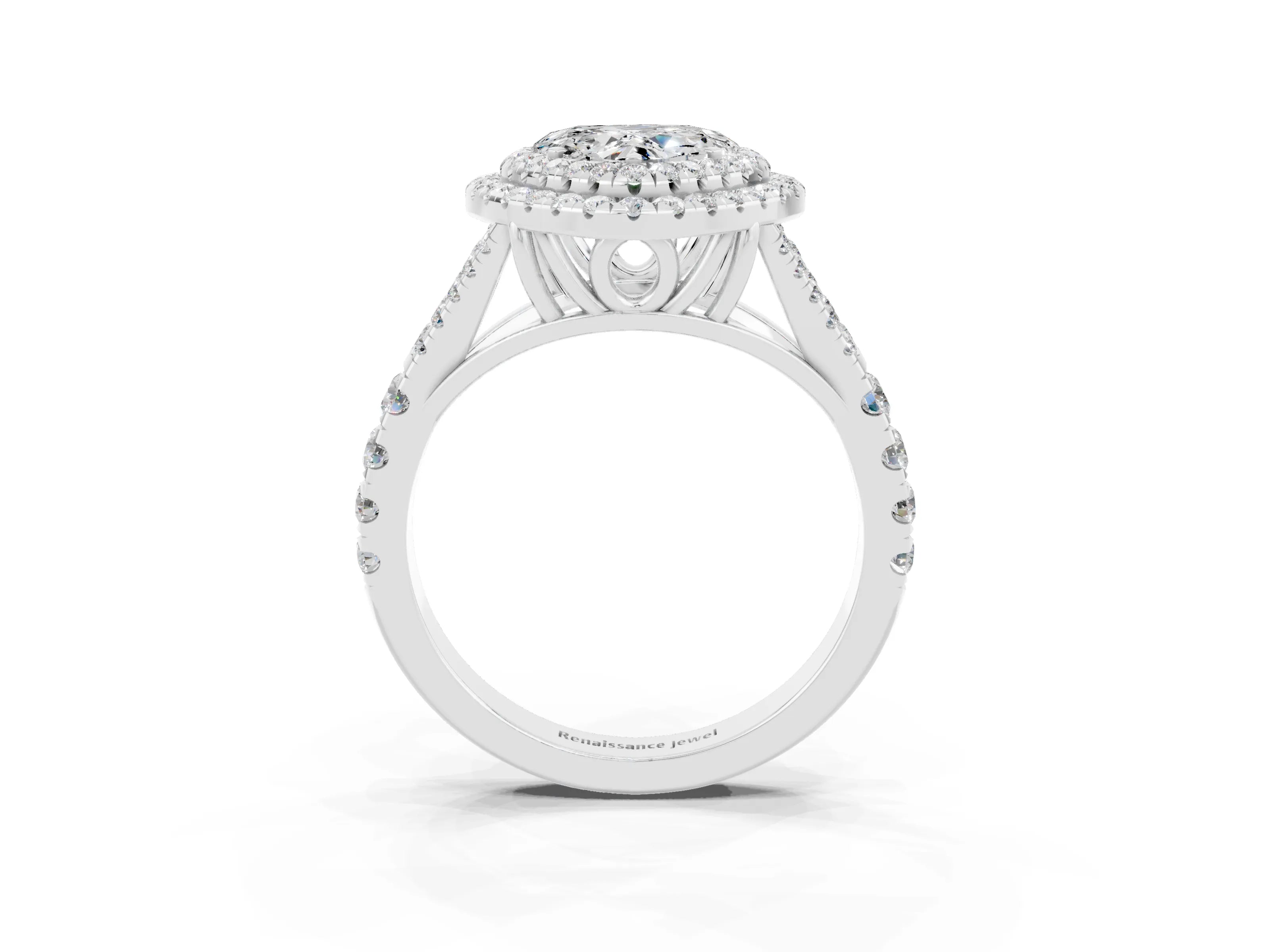 White gold Double Halo Heart Cut Moissanite Pavé Split Shank Ring with Prong Setting_3