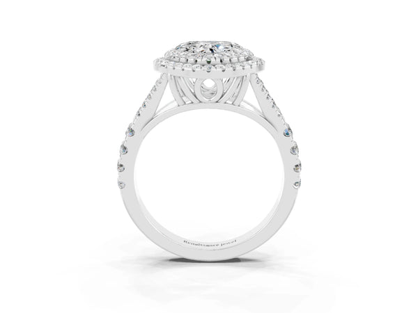 Silver Double Halo Heart Cut Moissanite Pavé Split Shank Ring with Prong Setting