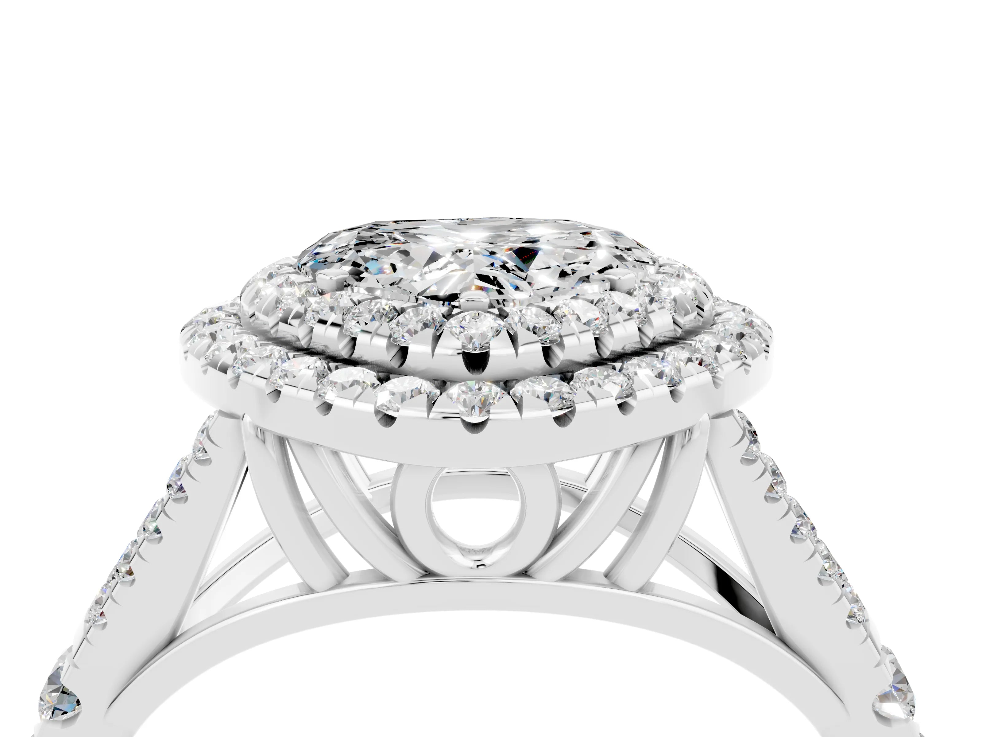 White gold Double Halo Heart Cut Moissanite Pavé Split Shank Ring with Prong Setting_4