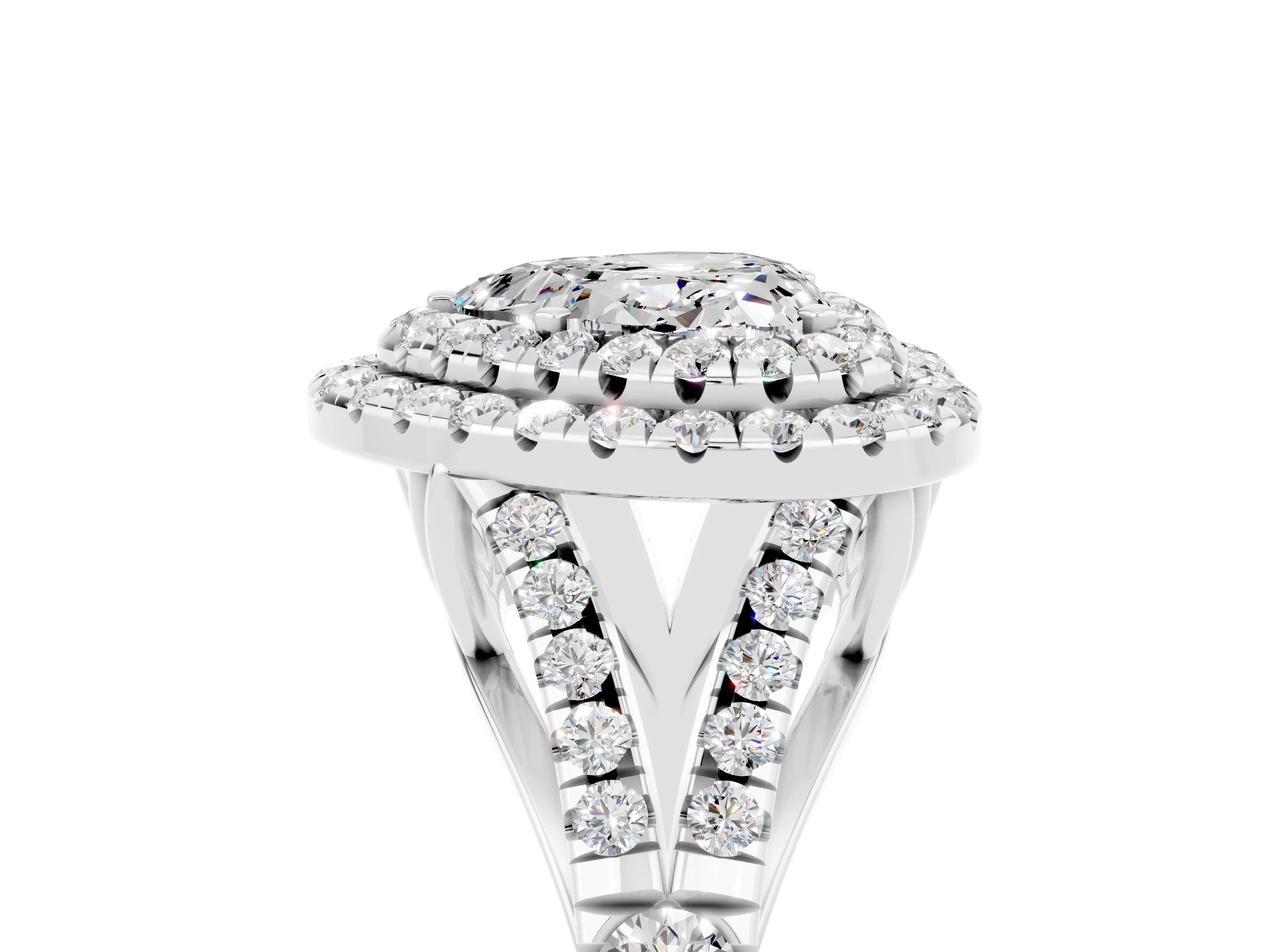 White gold Double Halo Heart Cut Moissanite Pavé Split Shank Ring with Prong Setting_5