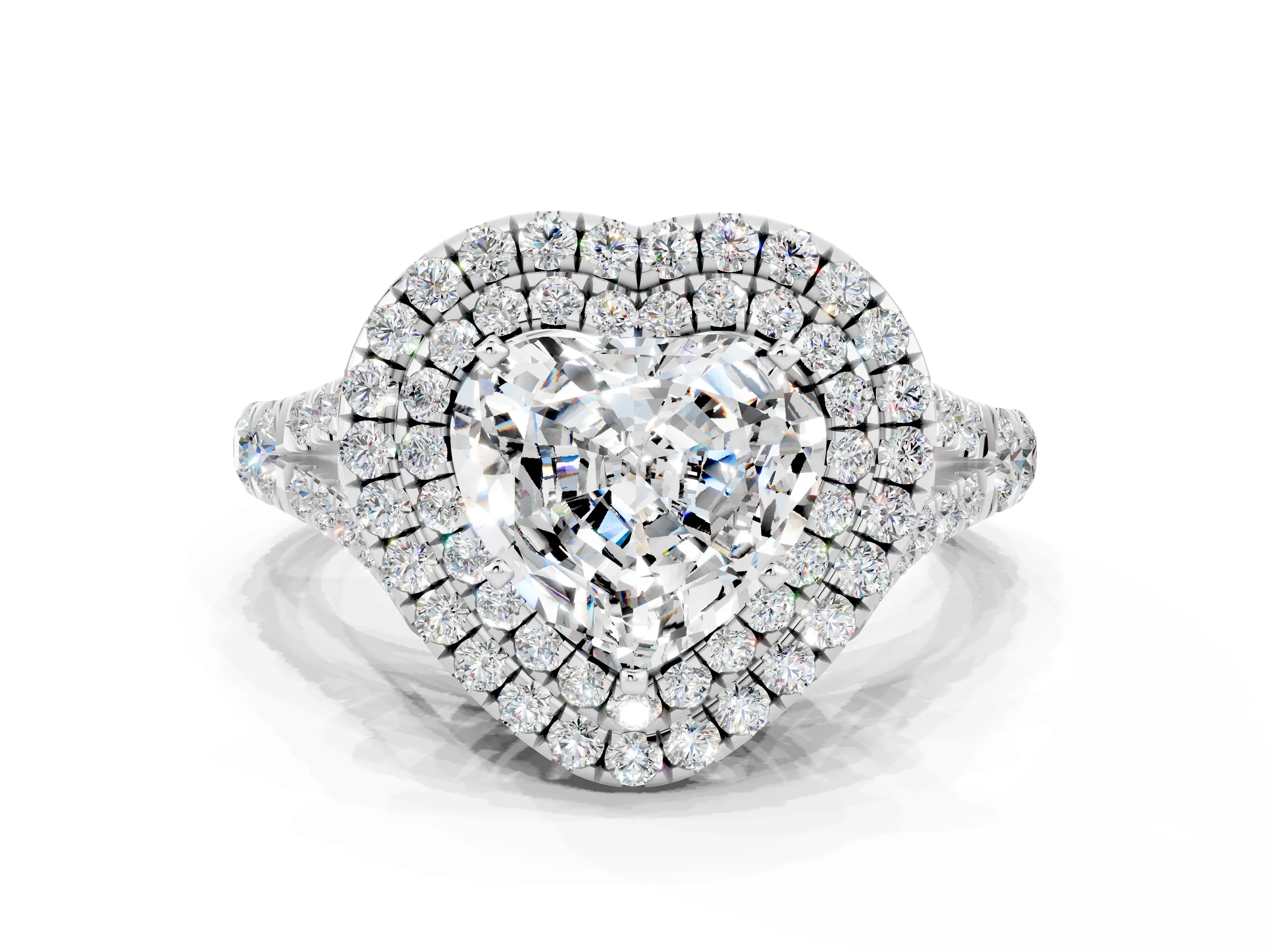 White gold Double Halo Heart Cut Moissanite Pavé Split Shank Ring with Prong Setting