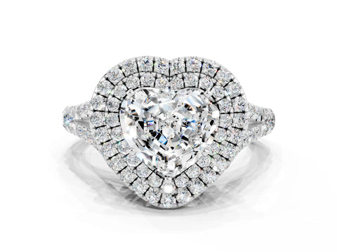 White gold Double Halo Heart Cut Moissanite Pavé Split Shank Ring with Prong Setting