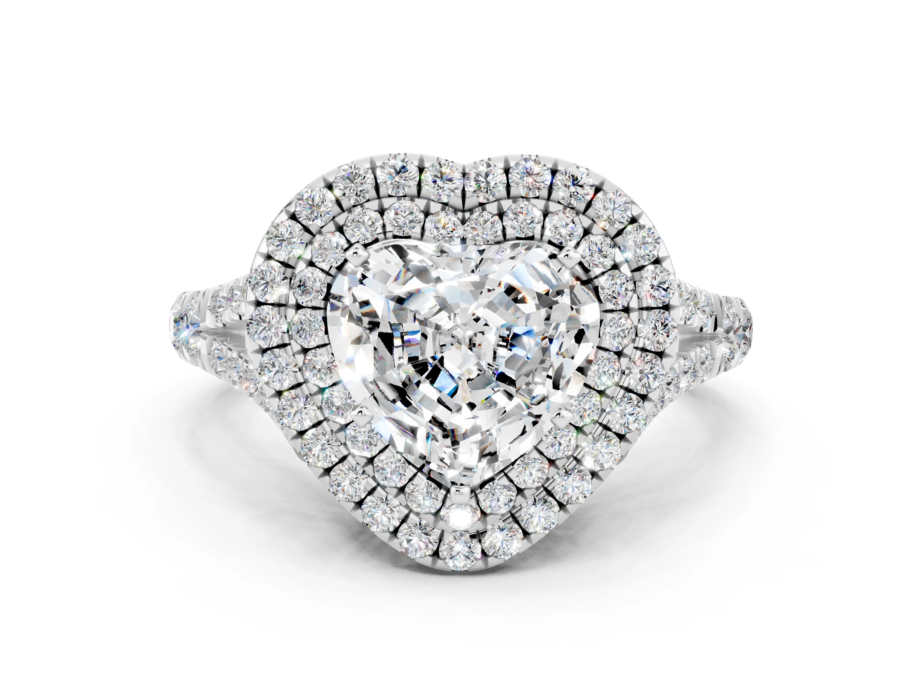 White gold Double Halo Heart Cut Moissanite Split Shank Engagement Ring with Four-Prong Setting