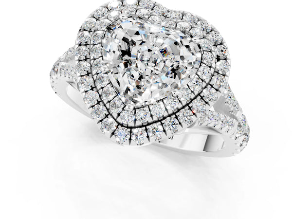 White gold Double Halo Heart Cut Moissanite Split Shank Engagement Ring with Four-Prong Setting