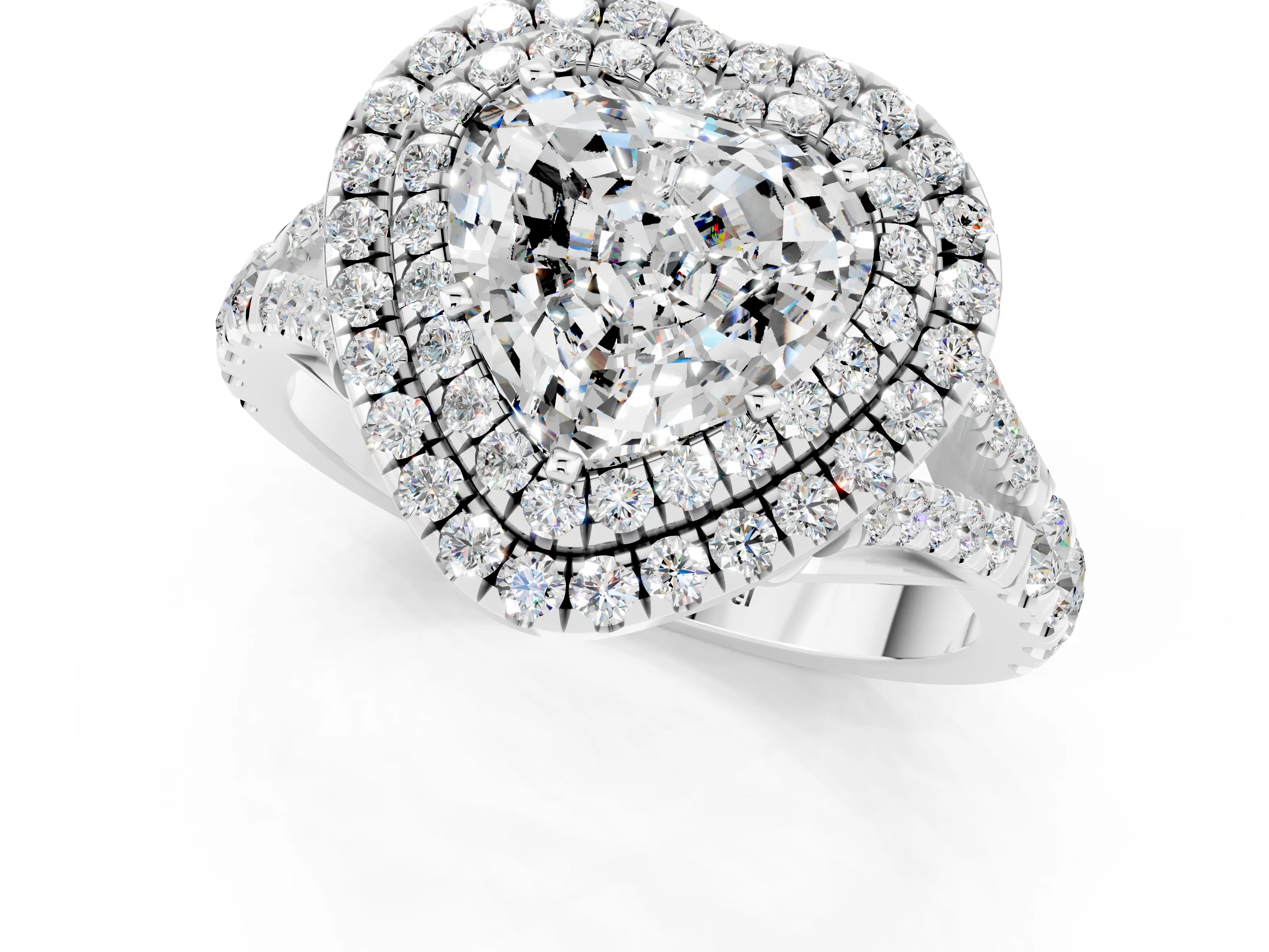 White gold Double Halo Heart Cut Moissanite Split Shank Engagement Ring with Four-Prong Setting_1
