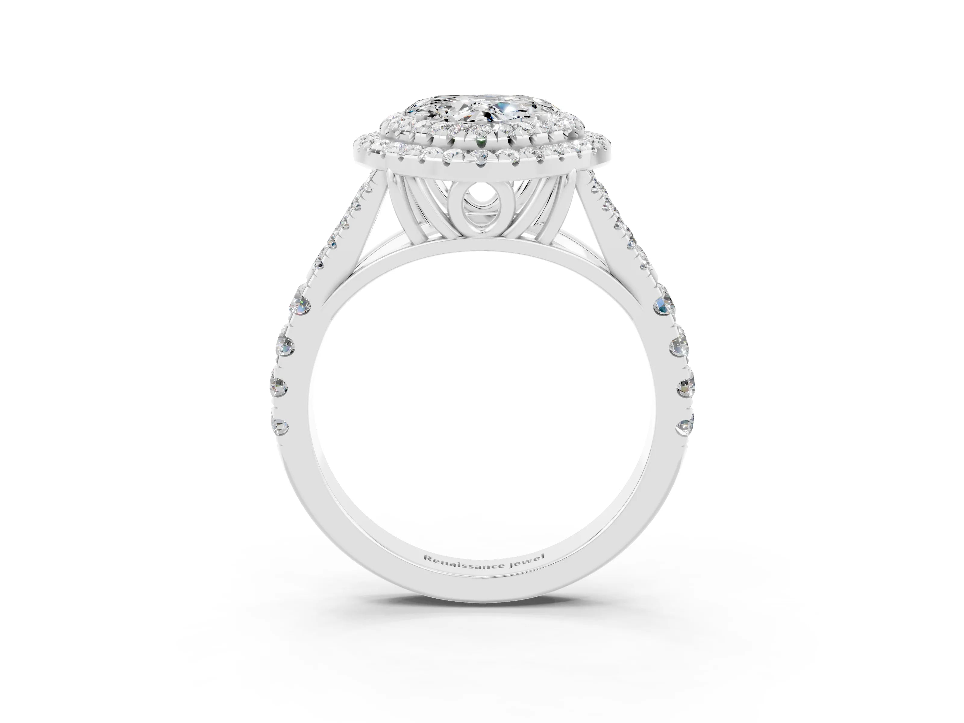 White gold Double Halo Heart Cut Moissanite Split Shank Engagement Ring with Four-Prong Setting_3