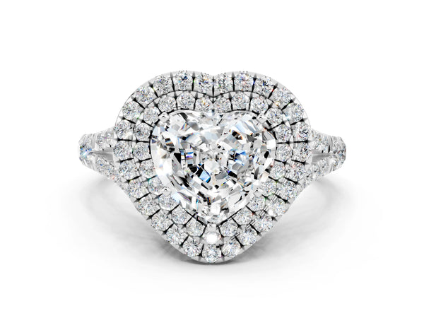 Silver Double Halo Heart Cut Moissanite Split Shank Engagement Ring with Four-Prong Setting